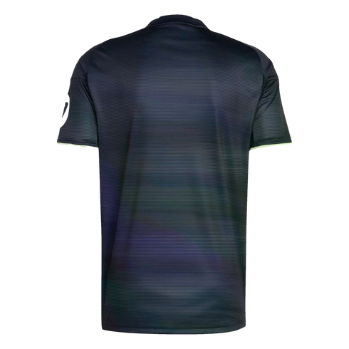 Back view of a dark athletic shirt with fine horizontal ribbing and faint iridescent colors. It features neon yellow trim on the sleeve cuffs.