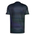 Back view of a dark athletic shirt with fine horizontal ribbing and faint iridescent colors. It features neon yellow trim on the sleeve cuffs.