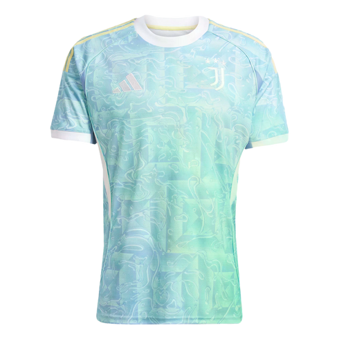 Light blue and mint green patterned Juventus Adidas football jersey with white trim and yellow shoulder stripes.