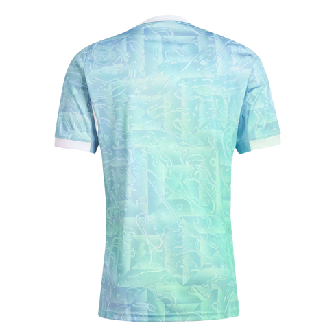 Back view of a light blue and green short-sleeved jersey featuring an intricate swirling graphic pattern and white cuffs and collar.