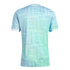 Back view of a light blue and green short-sleeved jersey featuring an intricate swirling graphic pattern and white cuffs and collar.