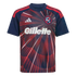 A navy and red youth soccer jersey with a sunburst graphic. Features a white Gillette logo, Adidas logo, and team crest. Navy sleeves have red stripes.