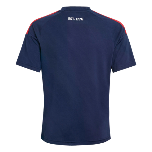 Back view of a navy blue athletic shirt with red shoulder stripes and white "EST. 1776" text near the collar.