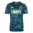 Navy and gold Philadelphia Union soccer jersey featuring a graphic print of historical Philadelphia landmarks and documents, including Independence Hall and the Constitution.