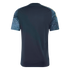 Back of a navy blue jersey with light blue sleeves featuring a printed pattern of text from the U.S. Constitution and Declaration of Independence.