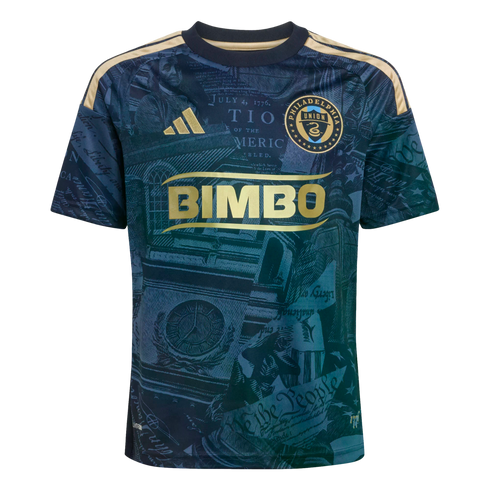 A dark navy and teal Philadelphia Union soccer jersey with gold accents, featuring a graphic print of historical Philadelphia documents like the Declaration of Independence.