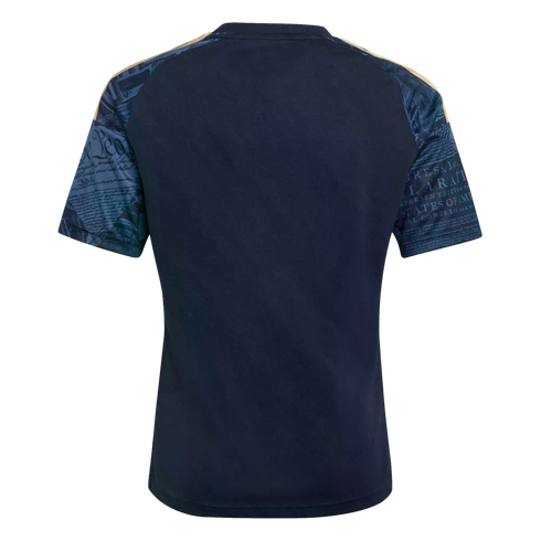 Back of a navy blue shirt with short sleeves displaying a light blue graphic print of the U.S. Constitution and Declaration of Independence.