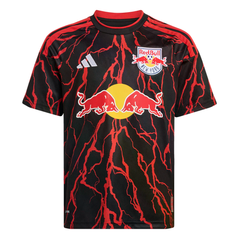 Black New York Red Bulls soccer jersey featuring a red lightning pattern and the team's Red Bull logo on the chest.