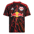 Black New York Red Bulls soccer jersey featuring a red lightning pattern and the team's Red Bull logo on the chest.