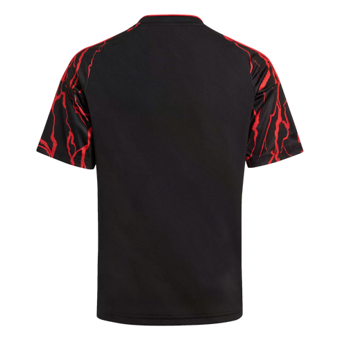 Back view of a black short-sleeved jersey with red lightning-patterned sleeves and a red-trimmed collar.