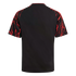 Back view of a black short-sleeved jersey with red lightning-patterned sleeves and a red-trimmed collar.