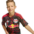 A young boy smiling while wearing a black and red New York Red Bulls soccer jersey.