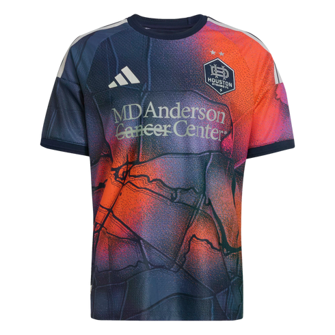 Houston Dynamo FC soccer jersey with an abstract orange, blue, and purple pattern, featuring the team crest and MD Anderson Cancer Center sponsor logo.