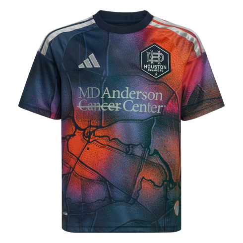 Houston Dynamo FC soccer jersey with a colorful map graphic, featuring the team crest, Adidas logo, and MD Anderson Cancer Center sponsor.
