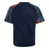 Back view of a navy blue t-shirt with graphic-patterned raglan sleeves in red, orange, and blue against a black background.