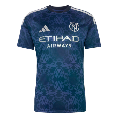 Navy and teal Adidas NYCFC soccer jersey featuring an intricate geometric pattern, silver Etihad Airways sponsorship, and white shoulder stripes.