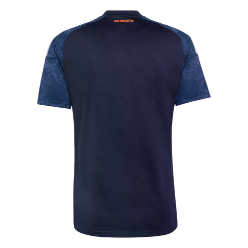 Back view of a navy blue New York City FC soccer jersey with patterned sleeves and orange team name below the collar.