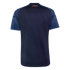 Back view of a navy blue New York City FC soccer jersey with patterned sleeves and orange team name below the collar.