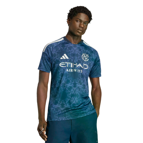 A man in a blue, geometric-patterned Adidas soccer jersey with "ETIHAD AIRWAYS" in white lettering on the front, and navy blue pants. He has dark hair and is looking directly at the camera.