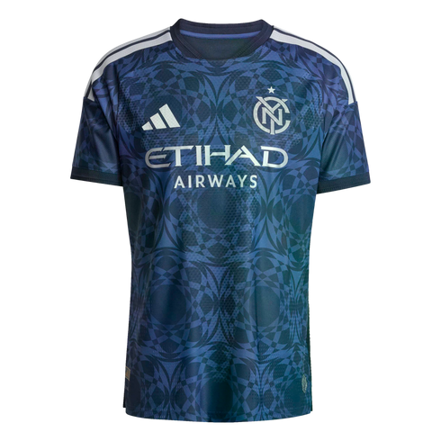 Navy and teal New York City FC soccer jersey with an intricate geometric pattern, silver club crest, white Adidas logo, and Etihad Airways sponsor logo.