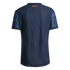 Back view of a navy blue New York City FC soccer jersey featuring orange 'NEW YORK CITY FC' text and geometric-patterned sleeves against a black background.