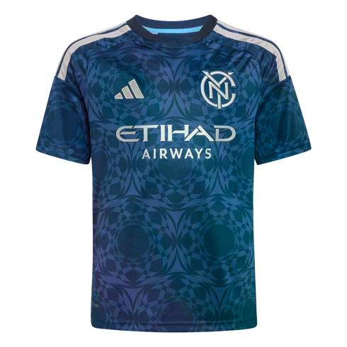 A dark blue New York City FC soccer jersey by Adidas, featuring a geometric pattern, the NYC crest, Etihad Airways sponsor logo, and white stripes on the shoulders.