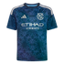 A dark blue New York City FC soccer jersey by Adidas, featuring a geometric pattern, the NYC crest, Etihad Airways sponsor logo, and white stripes on the shoulders.