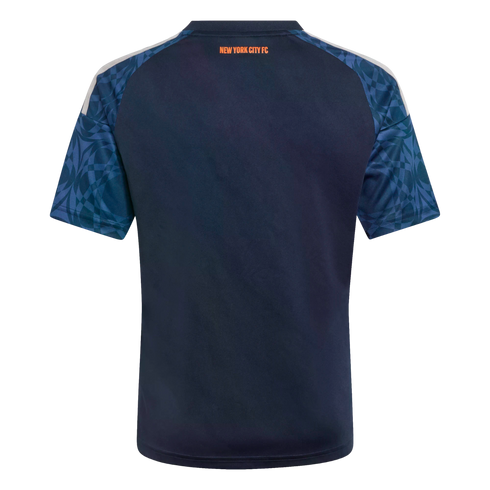 Back view of a navy blue New York City FC soccer jersey. Features patterned blue sleeves, white shoulder stripes, and "NEW YORK CITY FC" in orange on the upper back.
