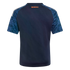 Back view of a navy blue New York City FC soccer jersey. Features patterned blue sleeves, white shoulder stripes, and "NEW YORK CITY FC" in orange on the upper back.