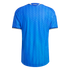 Back view of a blue soccer jersey with a dark blue leaf pattern, white and gold trim, and the word "AZZURRA" printed in gold on the back collar.