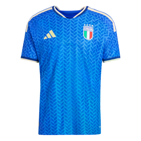 Blue Italy national football team home jersey featuring an all-over leaf pattern, white shoulder stripes, and the official team crest.