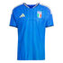 Blue Italy national football team home jersey featuring an all-over leaf pattern, white shoulder stripes, and the official team crest.
