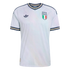 White Adidas Italy national football team jersey featuring a subtle pattern, trefoil logo, team crest, and navy and gold trim on the collar and sleeves.