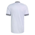 Back view of a white textured jersey with blue and gold striped trim on the collar and sleeve cuffs. Small cursive "italia" text is printed near the collar.