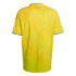 Back of a yellow Colombia soccer jersey with a subtle butterfly wing pattern, red shoulder stripes, and "COLOMBIA" in red text near the collar.