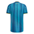 Back view of a blue Colombia soccer jersey featuring a wave pattern, yellow "COLOMBIA" text, and lime green trim on the collar and sleeves.