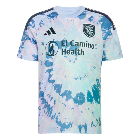 Adidas San Jose Earthquakes soccer jersey with a light blue and purple tie-dye pattern, featuring the team crest and El Camino Health sponsor logo.
