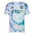 Adidas San Jose Earthquakes soccer jersey with a light blue and purple tie-dye pattern, featuring the team crest and El Camino Health sponsor logo.