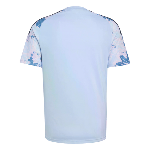 Back view of a light blue short-sleeved t-shirt with a blue and white tie-dye pattern on the sleeves.