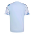 Back view of a light blue short-sleeved t-shirt with a blue and white tie-dye pattern on the sleeves.