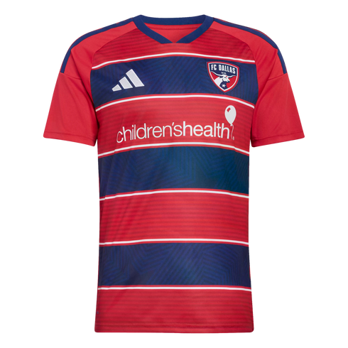 FC Dallas soccer jersey featuring red and navy blue horizontal stripes with thin white borders, the team crest, and the children’shealth sponsor logo.