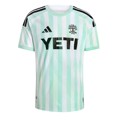 Austin FC soccer jersey with mint green and white vertical stripes, featuring Yeti and Adidas logos.
