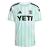 Austin FC soccer jersey with mint green and white vertical stripes, featuring Yeti and Adidas logos.