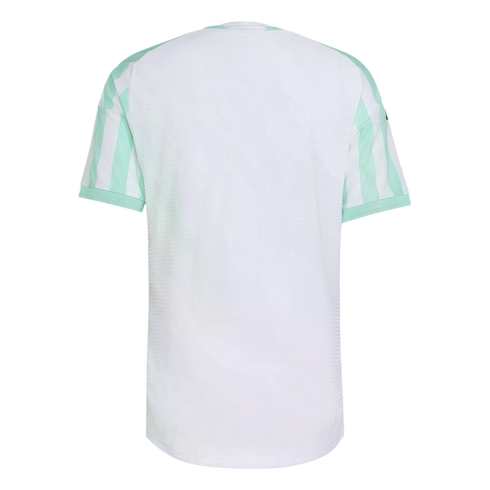 Back view of a white sports jersey featuring light green and white vertical striped sleeves and a subtle textured pattern on the body.
