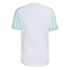 Back view of a white sports jersey featuring light green and white vertical striped sleeves and a subtle textured pattern on the body.