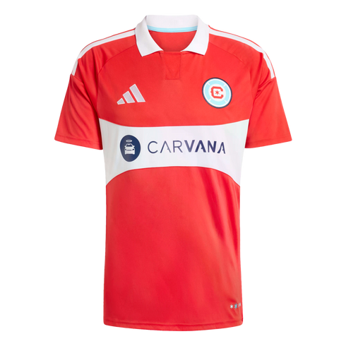 Red Adidas Chicago Fire FC soccer jersey with a white polo collar and a central white band displaying the Carvana sponsor logo.
