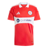 Red Adidas Chicago Fire FC soccer jersey with a white polo collar and a central white band displaying the Carvana sponsor logo.