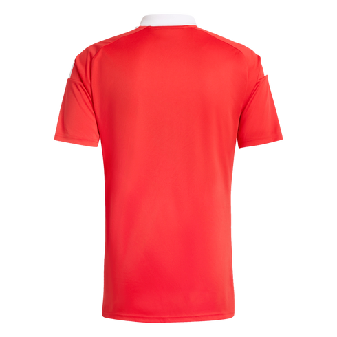 Back view of a red short-sleeved jersey with a white collar, shown against a solid black background.