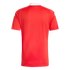Back view of a red short-sleeved jersey with a white collar, shown against a solid black background.