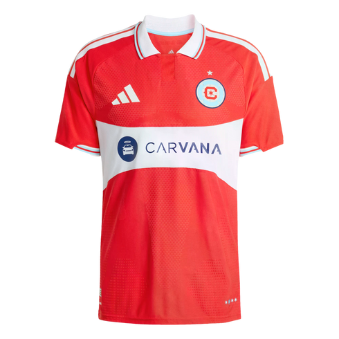 Red Chicago Fire FC home jersey featuring a white polo collar, a central white Carvana sponsor band, the team crest, and white Adidas logo.